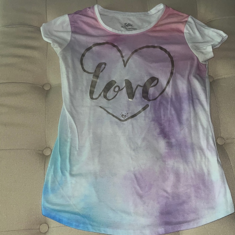 Justice For Girls Shirt Size 18/20 pastel heart gold LOVE